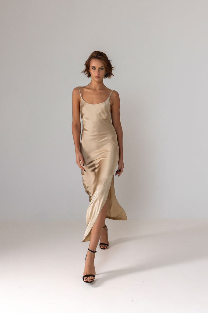 100% Silk satin slip dress in gold