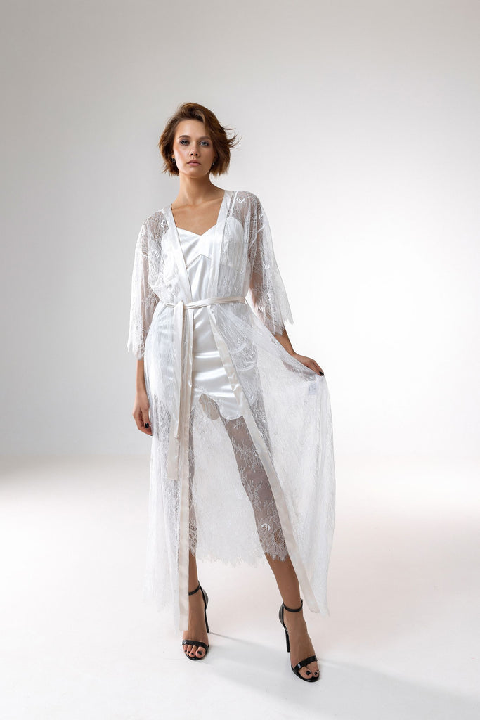 Lace detail satin slip with lace robe
