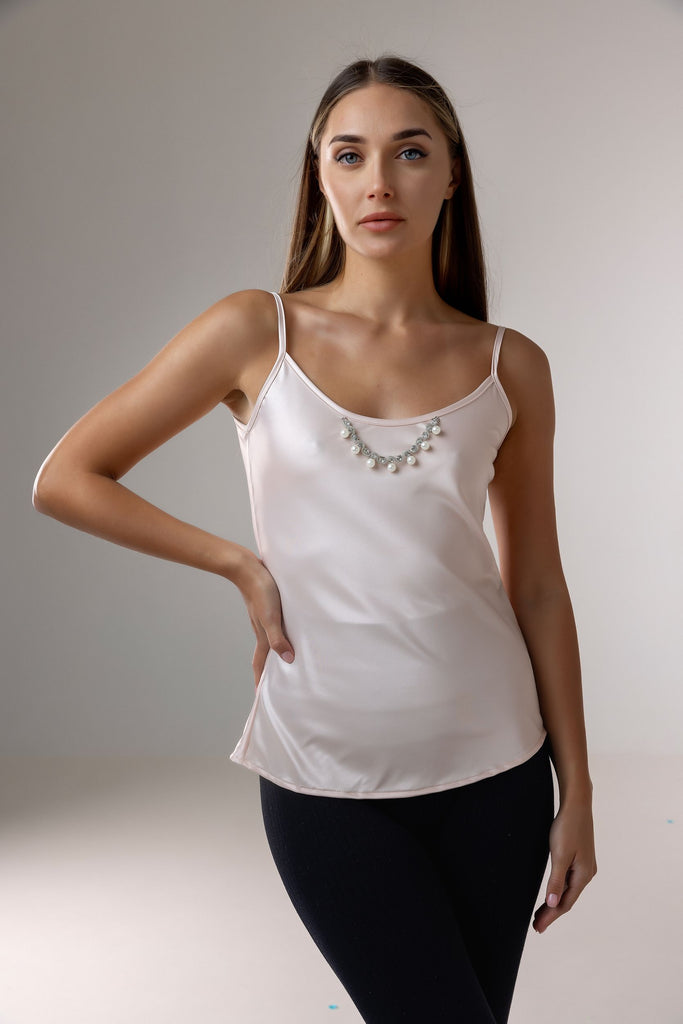 Satin slip top with pearl and diamond detail in front