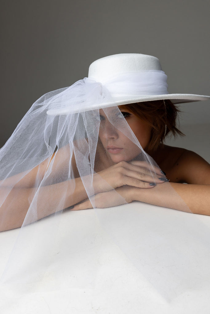 White hat with veil and Beaded chain strap