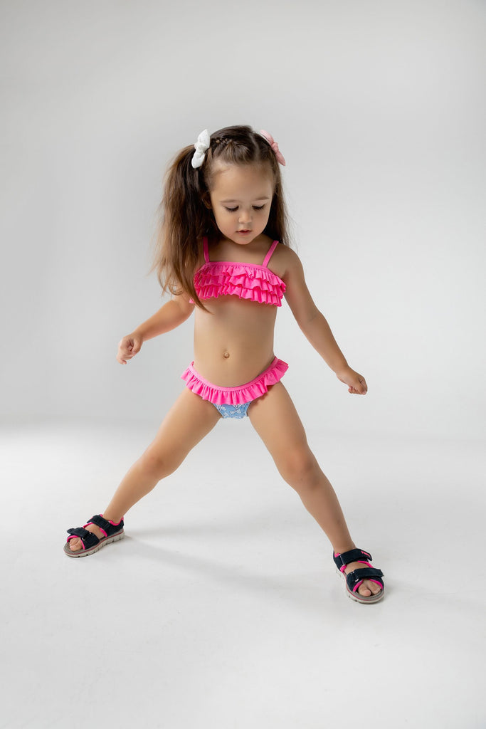 Kid swimsuit ruffle pink top and blue panties
