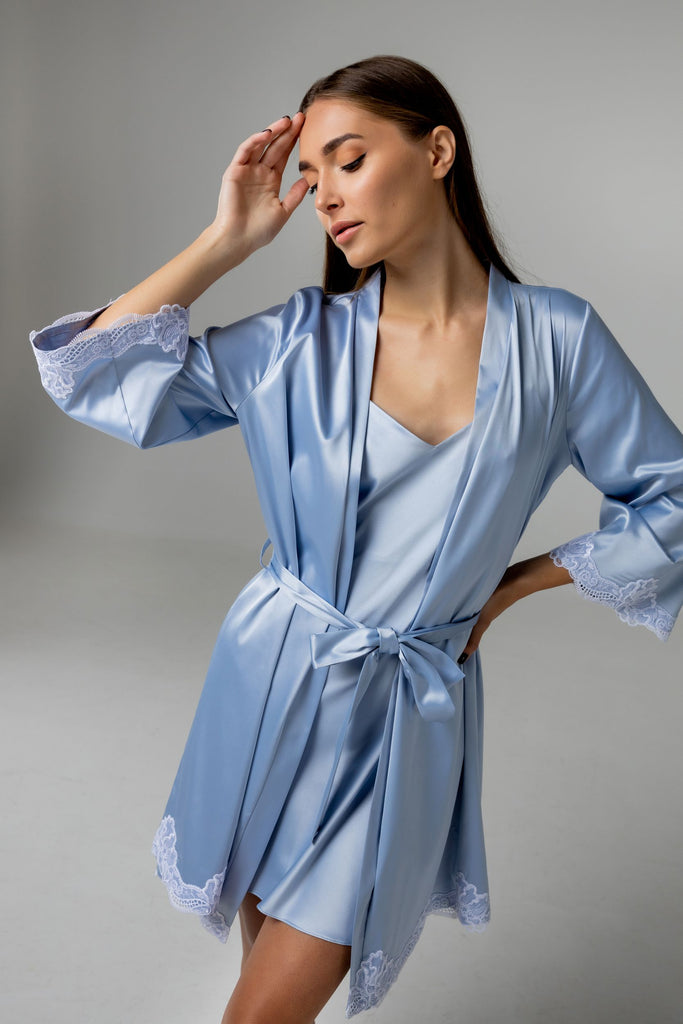 Belted silk – satin robe with french lace