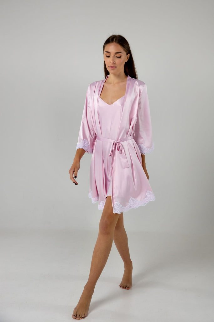 Belted silk – satin robe with french lace